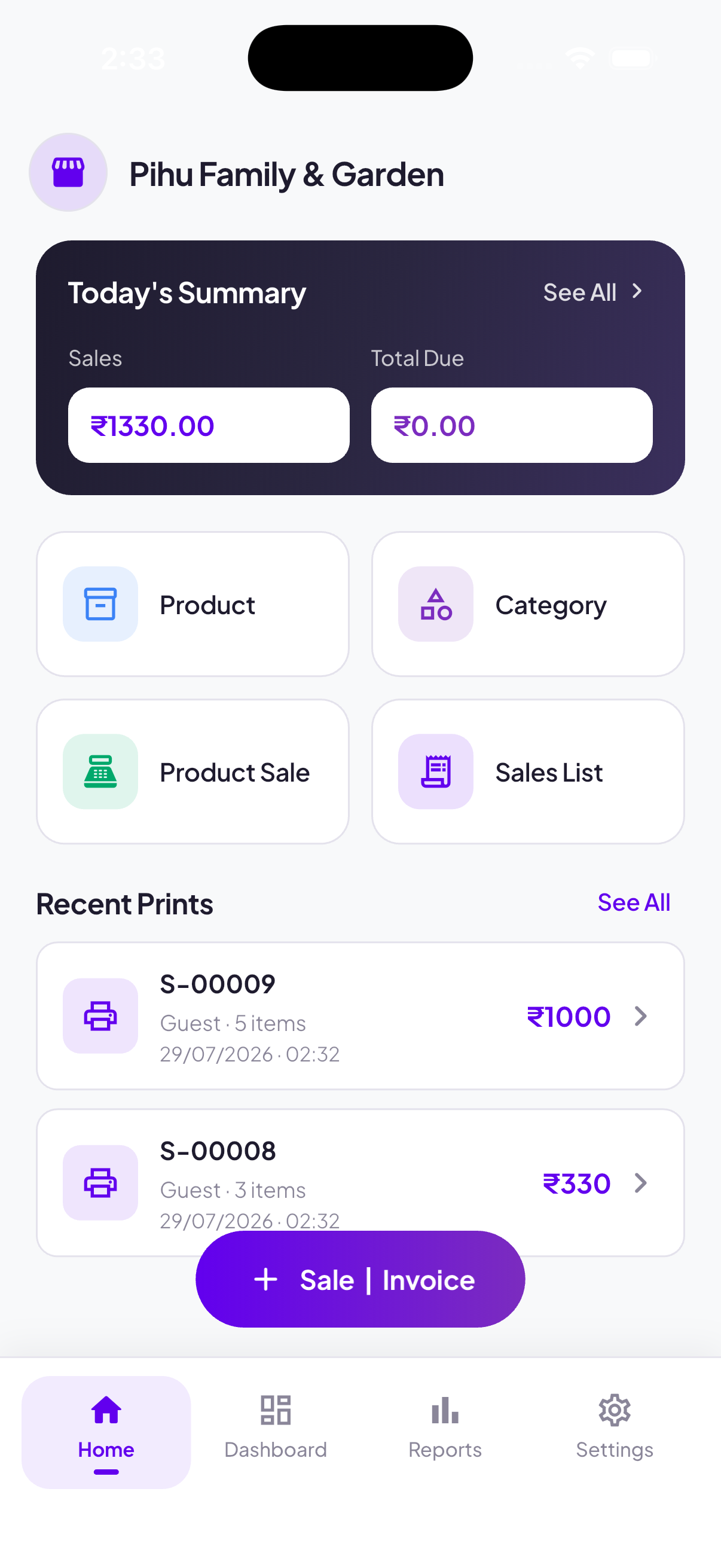 FastBill home screen — Today's Summary and quick actions