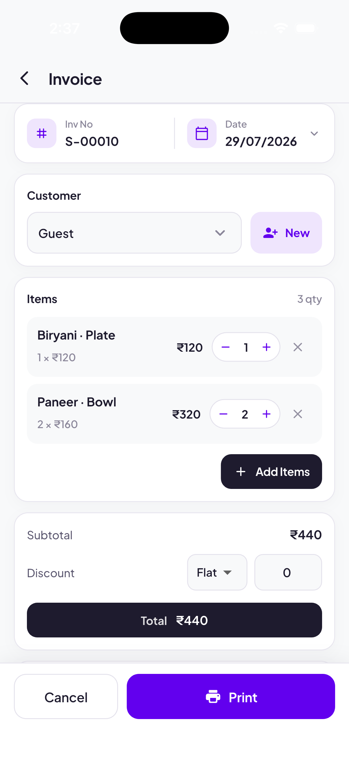 FastBill invoice screen