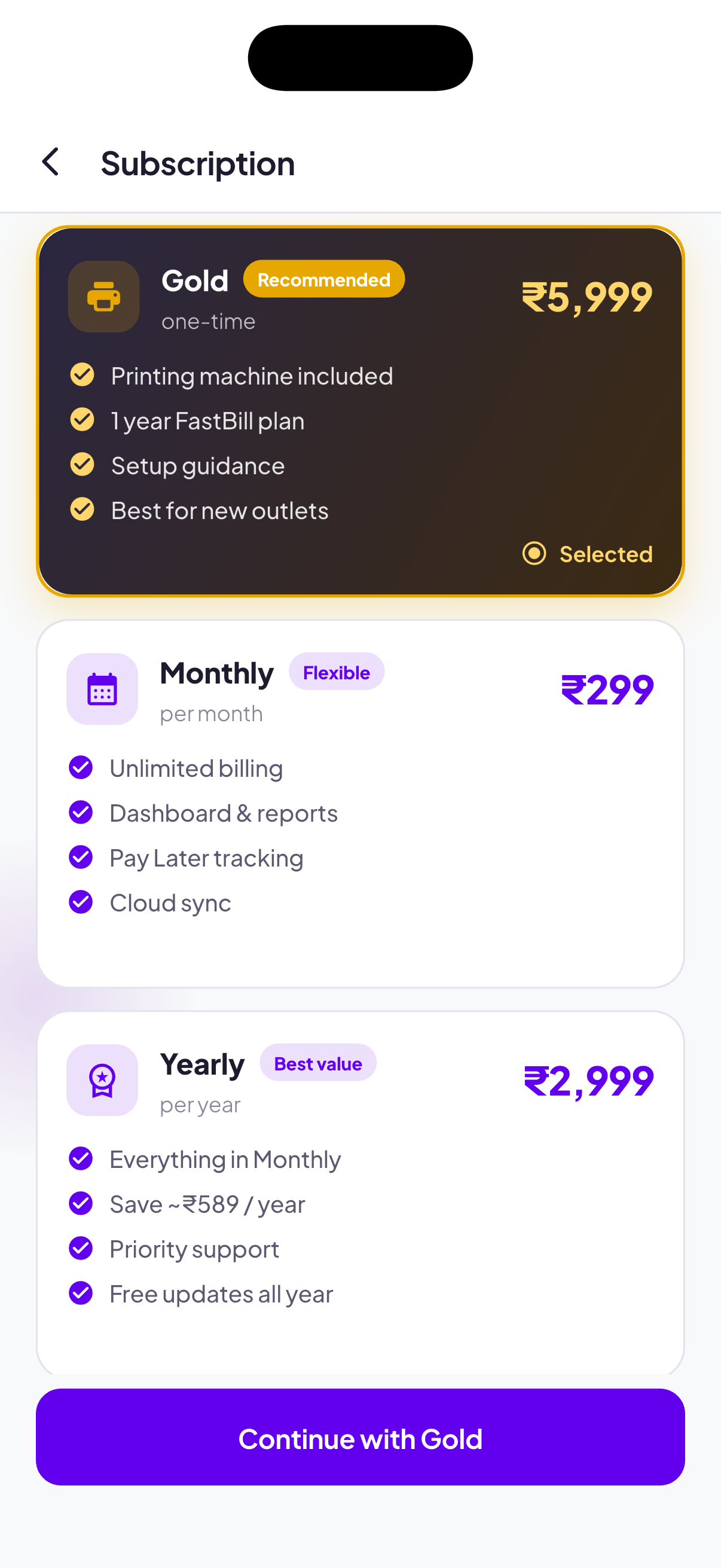FastBill subscription plans screen